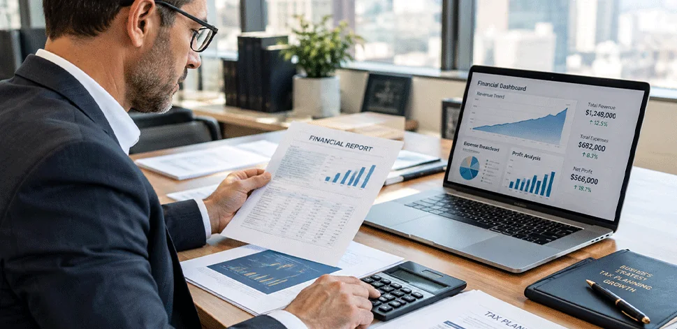Dueño de negocio revisando reportes financieros