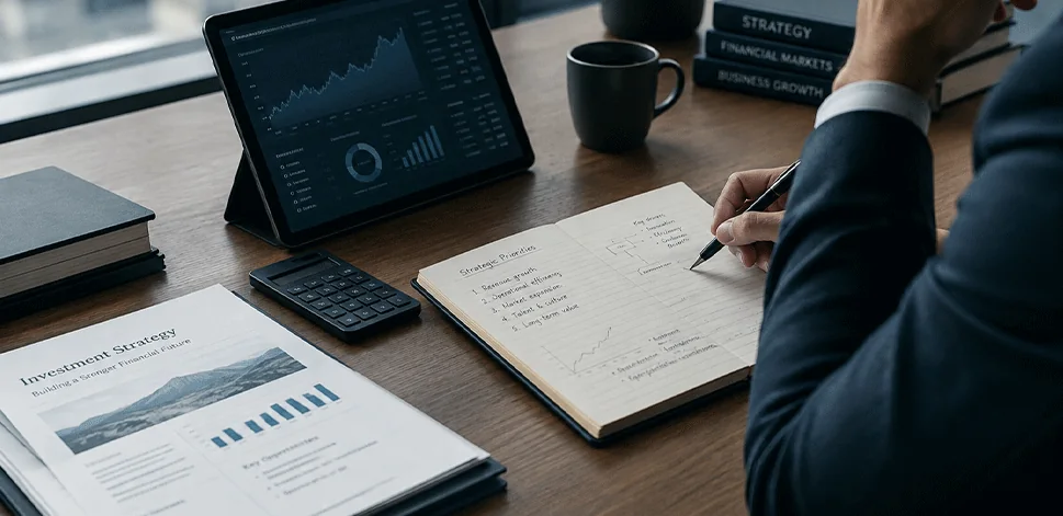 Escritorio con reportes financieros y una tableta