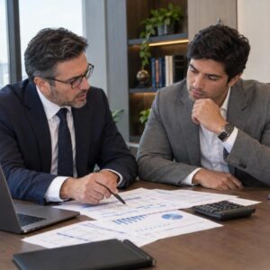Dos profesionales analizando declaraciones de impuestos de negocios