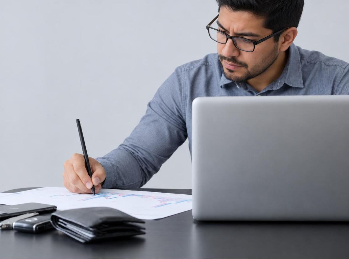 Preparador de impuestos revisando documentos frente a su computadora